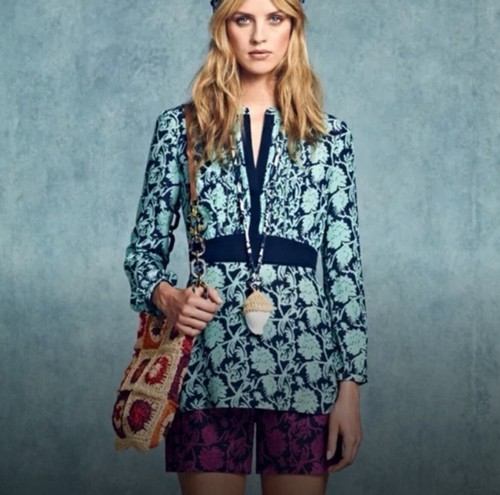 Top tunica Tory Burch blu navy Palazzo Dolores in seta taglia 14