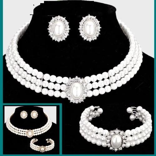 Collar de perlas ovaladas gargantilla capa collar pulsera pendientes cristal cóctel Foto 1 de 1