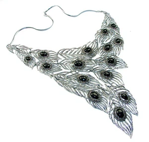 Huge Onyx Necklace 102.9g 925 Sterling Silver Peacock Black Handcrafted - Picture 1 of 4