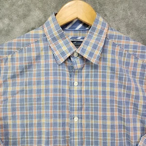 Camisa Johnston Murphy Para Hombres Mediana Azul Amarillo Glen Check Puño Abatible Ajuste A Medida - Imagen 1 de 11