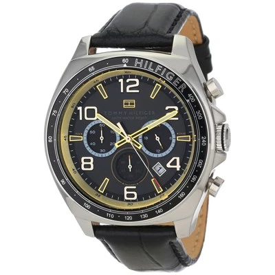 TOMMY HILFIGER CHRONOGRAPH DATE BLACK DIAL LEATHER STRAP MEN'S WATCH 1790936 NEW - image 1 of 4