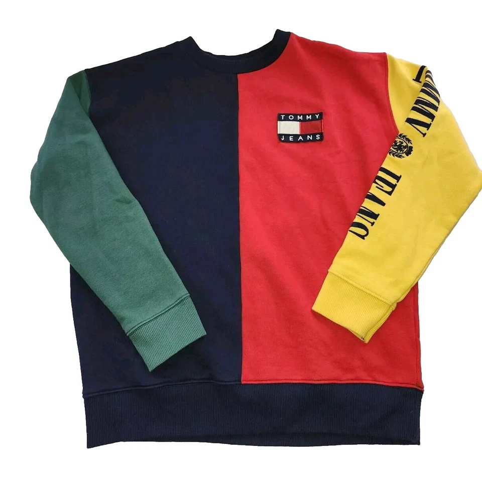 Moletom Vintage Tommy Hilfiger Anos 90 Colorblock Bordado Tamanho Grande Tamanho XS - Imagem 1 de 4