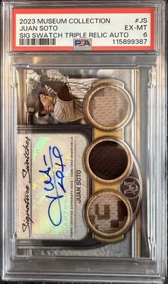 Muestras de firma automática triple reliquia del museo Topps Juan Soto 2023/50 PSA 6  Foto 1 de 2