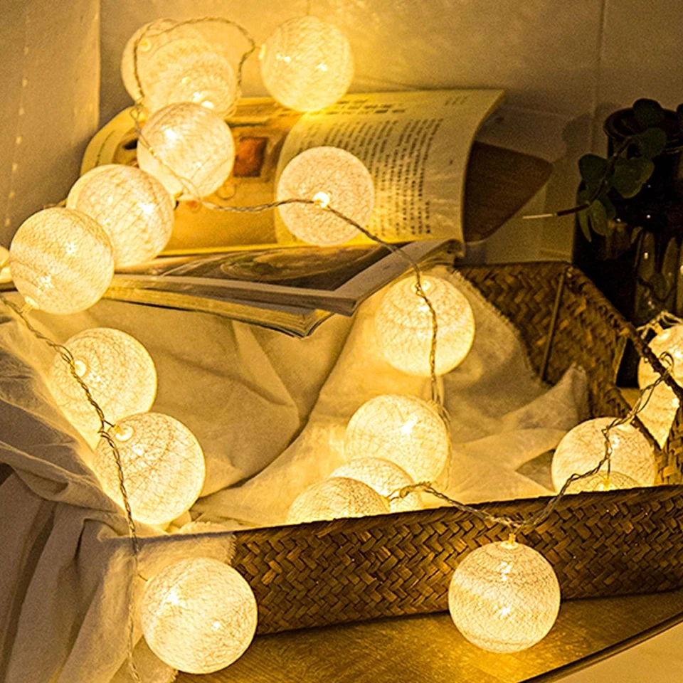 Хлопковые шарики гирлянды на батарейках 10 светодиодных подвесных светильников для кровати упаковка 2 шт. - Изображение 1 из 4