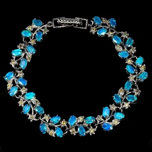 925 Sterling Silver Bracelet Oval Blue Opal 5x3mm Peridot Gemstone Jewelry 7 Ins - Picture 1 of 14