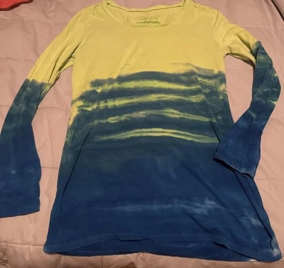 Tierra Yoga Azul Verde Tie Dye Top Encaje Hombro Manga Larga Sostenible Orgánico M Foto 1 de 4