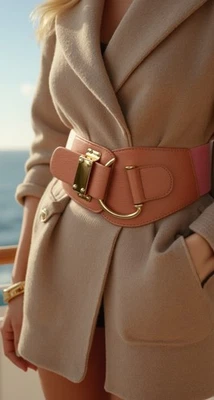 Women Hip Waist Gold Metal Hook Buckle Elastic Pink Salmon Corset Belt Fit S M - Image 1 of 4