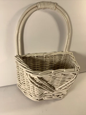 Vintage Whitewashed Woven Wicker Wall Basket~8” Wide 10” High~French Country Cover
