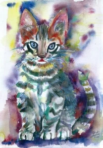 CAT Acuarela Retrato .1 - PÓSTER - ¡Varios tamaños! impresión pintura atigrado callejero - Imagen 1 de 7