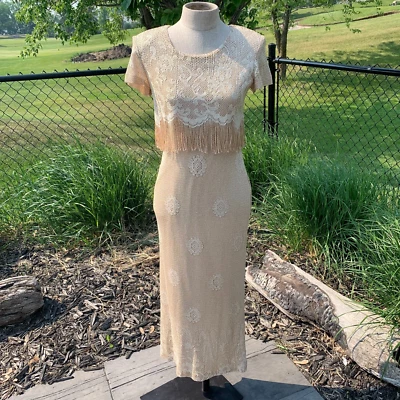 Vintage Maxi Dress 2 Metallic Gold Lace Fringe Mother of the Bride Evening Gown - Image 1 of 4