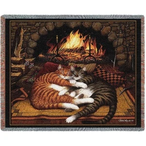 New Cat Cats Woven Cotton Afghan Gift Throw Blanket Wysocki Burned Out Fireplace - Picture 1 of 2
