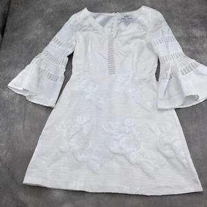 Belle Badgley Mischka Dress Women 8 White Crochet Flare Jacquard Bell Sleeves - Picture 1 of 12