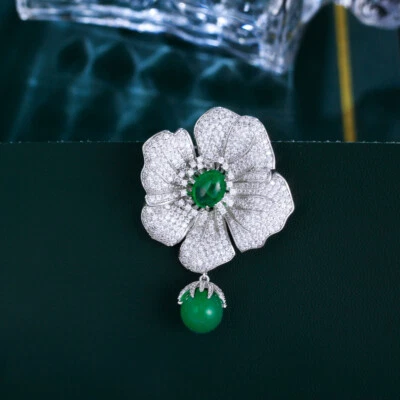Chic Silver Plated Big Flower Cubic Zirconia Green Pearl Dangle Women Brooch Pin - Image 1 of 4