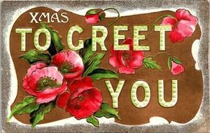 Xmas To Greet You Embossed Poppies Postcard - Bild 1 von 2