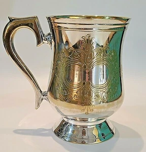 Vintage Silver Etched Tankard Handle Mug Cup - Gold Wash? Marked PN.S Barware - Picture 1 of 10