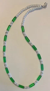 18" Glass Pearl and Green Glass Tube Beaded Necklace - Picture 1 of 3