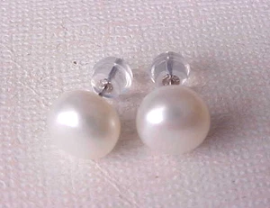 9MM AAA GENUINE WHITE PEARL STUD EARRINGS SOLID 14K WHITE GOLD #2 - Picture 1 of 3