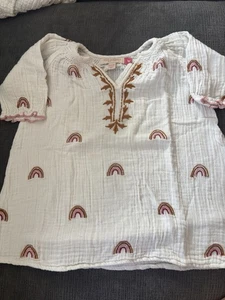 PINK CHICKEN NEW YORK BOHO DRESS WITH RAINBOWS WHITE SIZE 12-18 MONTHS - Picture 1 of 5