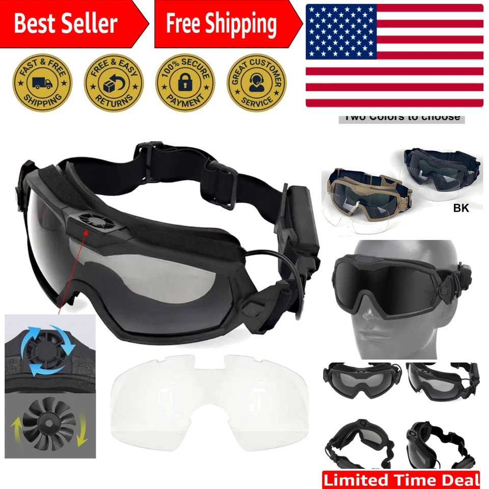 Gafas de Airsoft negras duraderas con ventilador y lentes intercambiables ahumadas/blancas Foto 1 de 4