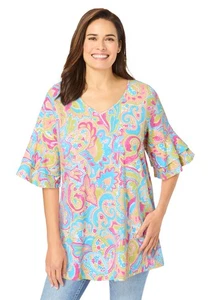 Woman Within Plus Size Ruffled Elbow-Sleeve Tunic - Picture 1 of 23