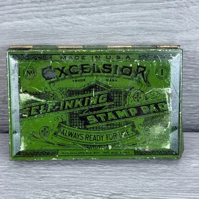 Antique Green Excelsior Self-Inking Stamp Pad 1910 #1 Tin Box w/ Pad - Image 1 of 4