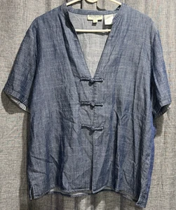 Norm Thompson Blue Linen Blend Top Womans Size Large V-neck Short Sleeve EUC - Picture 1 of 7