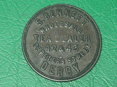 S. Bennett Tea Dealer Derby c. 1853 unofficial farthing token coin (Bell; rare) - Image 1 of 2
