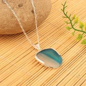 Sky Blue Agate Slice Silver Plated Paper Clip Chain Agate Pendant Necklace - Picture 1 of 3