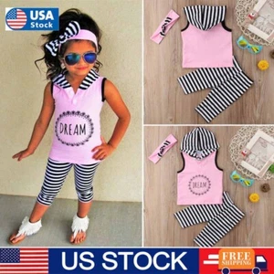 Toddler Baby Girls Tracksuit Strip Hooded Tops Pants 3PCS Summer Outfit Clothes - Picture 1 of 13