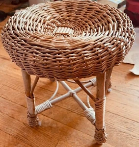 Wicker Rattan Stool Seat Plant Stand Mid Century 14" Tall Weaving Loose on 1 Leg - Picture 1 of 7