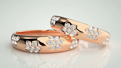 14K Solid Gold Flower Lab Grown Diamond Wedding Band Floral Wedding Band for Her - Image 1 of 4