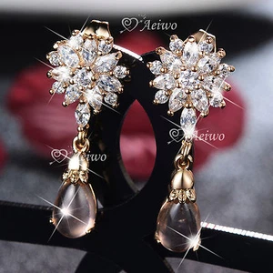 18K YELLOW GOLD GF MADE WITH SWAROVSKI CRYSTAL STUD FLOWER EARRINGS - Picture 1 of 10