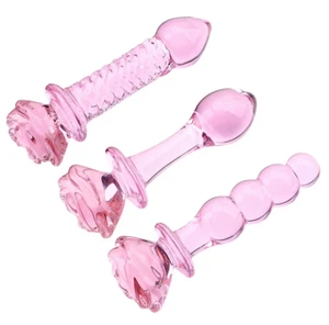 Pink Rose Glass Anal Butt Plug Dildo Beads Anal Trainer Sex Toys for Men Women - Picture 1 of 9