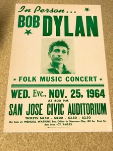 Bob Dylan 1964 San Jose Civic Center Cardstock Concert Promo Poster  12"x18" - Picture 1 of 1