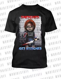 CHUCKY ARRESTED SCARY MOVIE T SHIRTS Halloween Snitches Get Stitches Tee Shirt - Picture 1 of 7