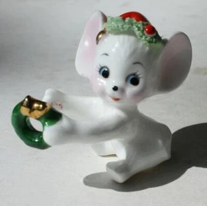 Mouse Figurine Miniature White Mouse Santa Hat Wreath Candle Hugger Porcelain -- - Picture 1 of 1