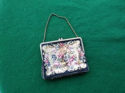 Vintage Antique Needlepoint Evening Purse Floral Brass Chain Handbag Victorian  - Image 1 of 4