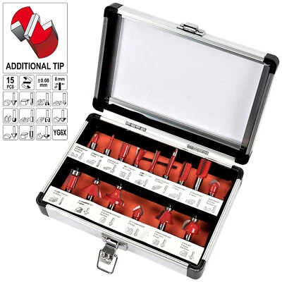 Oberfräser Fräsersatz Nutfräser Holzfräser Fräser Set 15 tlg Kanten 8mm Schaft - Bild 1 von 4