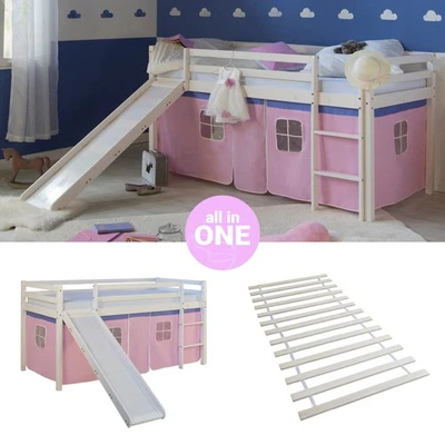 Lit superposé 90x200 Toboggan d'enfant mezzanine Lattes Rideau Rose Homestyle4u - Photo 1/4