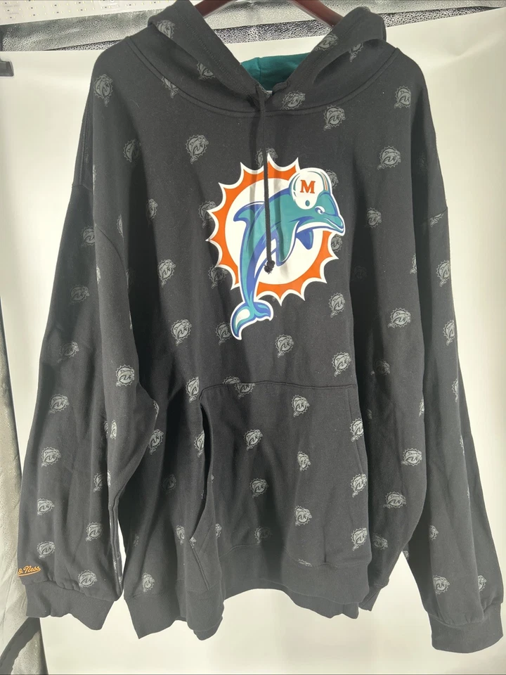 НОВАЯ мужская флисовая толстовка с капюшоном Mitchell & Ness Miami Dolphins All Over Print размер 5XL - Изображение 1 из 4
