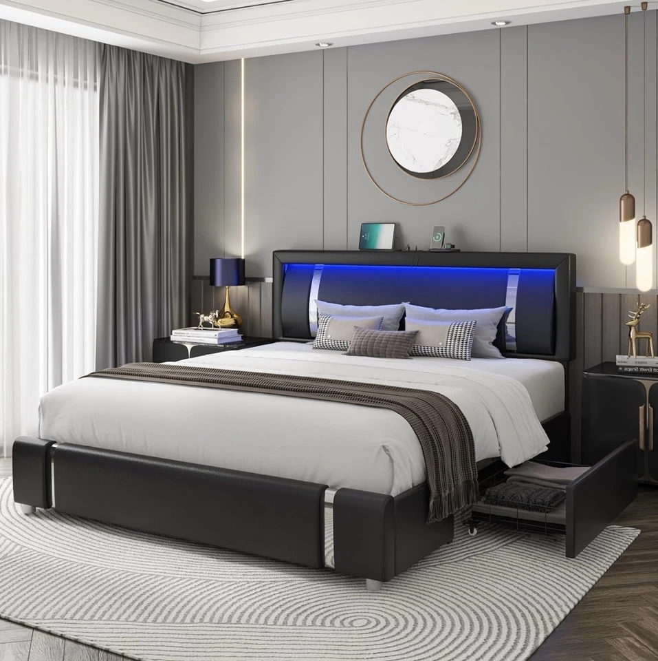 Cama Keyluv King Size con luces LED RGB y cajones de almacenamiento. Foto 1 de 4