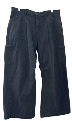 LOVELY BLACK WIDE LEG GATHERED SIDE OF KNEE DISTRESSED DENIM CARGO JEANS/SIZE 18 - Image 1 of 3