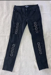 Y2K Royal Bones Buckle Strap Black Denim Jeans Cut Outs Skinny Punk Damen 9 - Bild 1 von 12