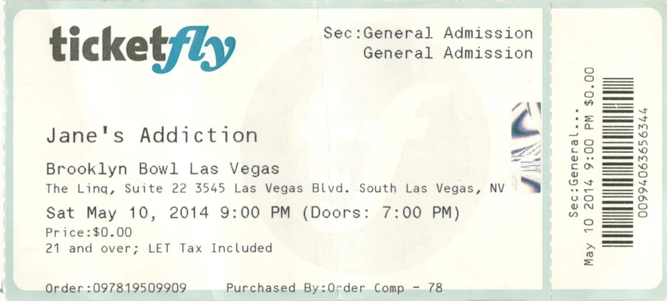 2014 Jane's Addiction Concert Ticket Stub Las Vegas NV - Image 1 of 1