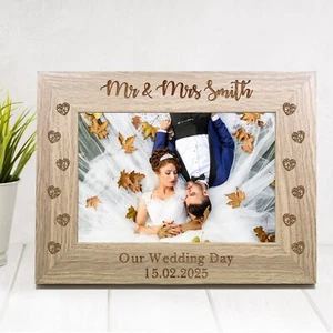 Personalised Mr & Mrs Wooden Wedding Photo Frame Custom Engraved Keepsake Gift - Picture 1 of 8