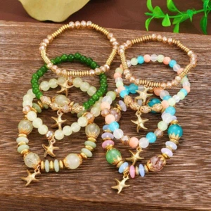 New Boho Bracelet Gift Set, 4pcs Layered Crystal Starfish Bead Jewelry - Picture 1 of 11