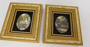 Vitreous Enameling on Copper Pair Framed Cottage by PAT COLLINS Miniature LONDON - Picture 1 of 10