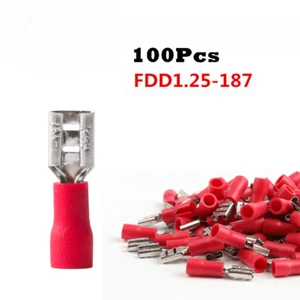 100 Pack 22-18 Gauge Female Quick Disconnect Red Vinyl Crimp Terminals .187" - Picture 1 of 5