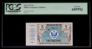 Military Payment Certificate MPC Series 472 5¢ PCGS 65 PPQ Gem Serial C01704760C - Picture 1 of 2
