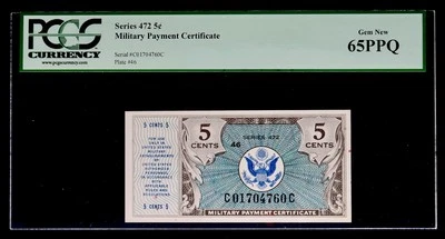 Military Payment Certificate MPC Series 472 5¢ PCGS 65 PPQ Gem Serial C01704760C - Image 1 of 2